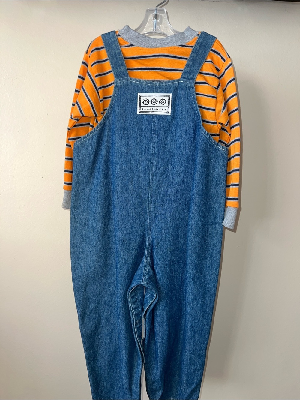 Vintage Kids Denim Overalls with Orange Striped Tee and Cement Mixer Graphic - Picture 4 of 6
